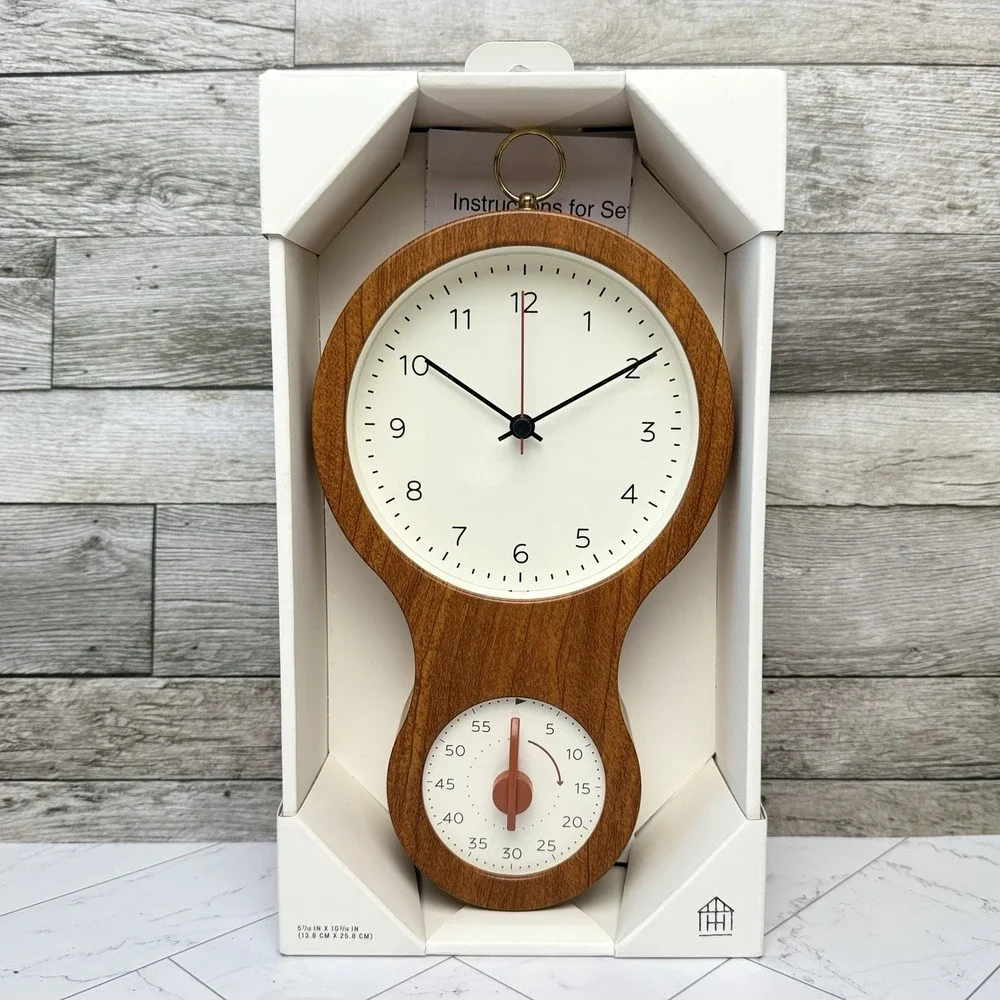 Hearth & Hand Faux Wood & Brass Finish Kitchen Clock With Timer